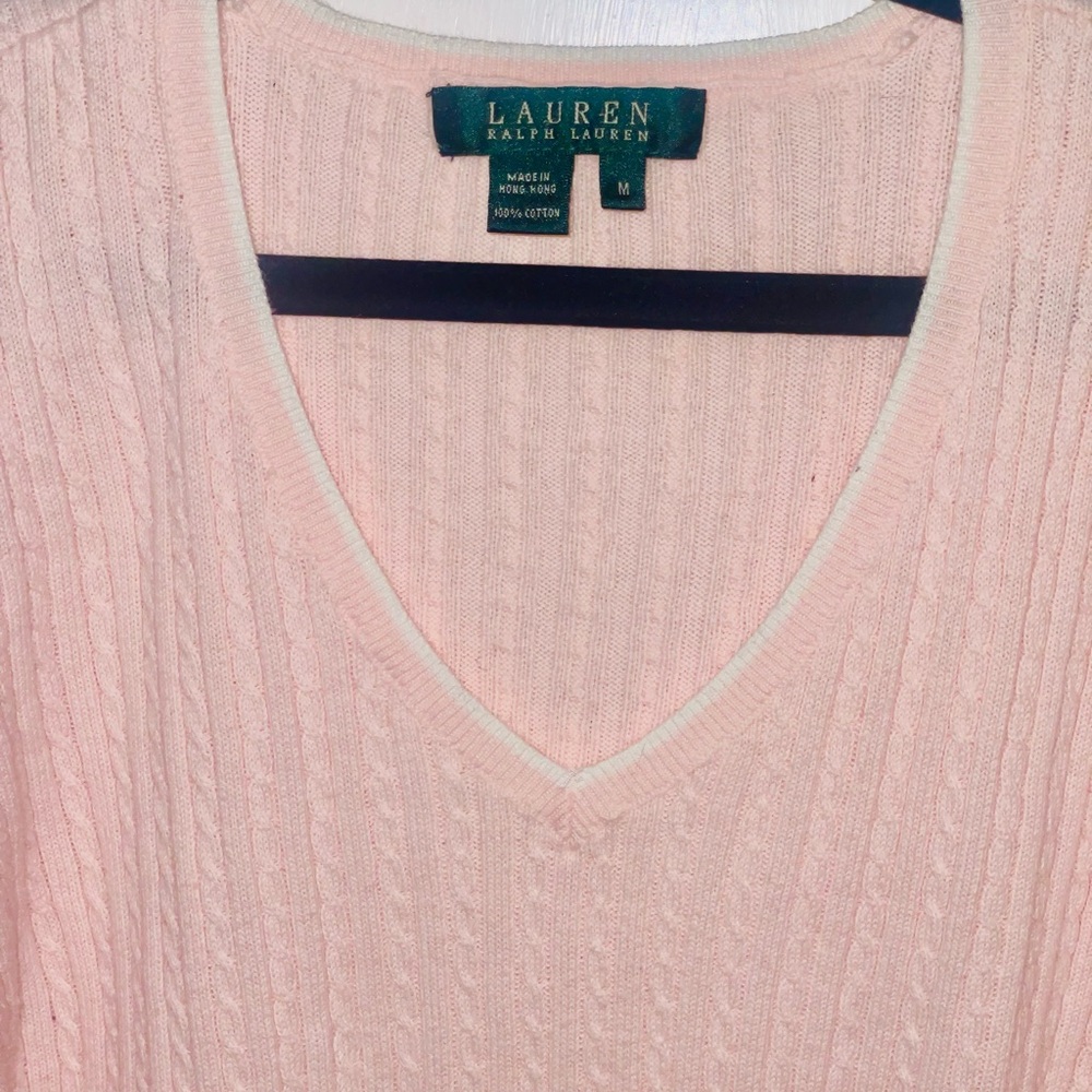 Lauren Ralph Lauren Pink & White Cable Knit V-Neck Medium Sweater Good Condition - Picture 2 of 4